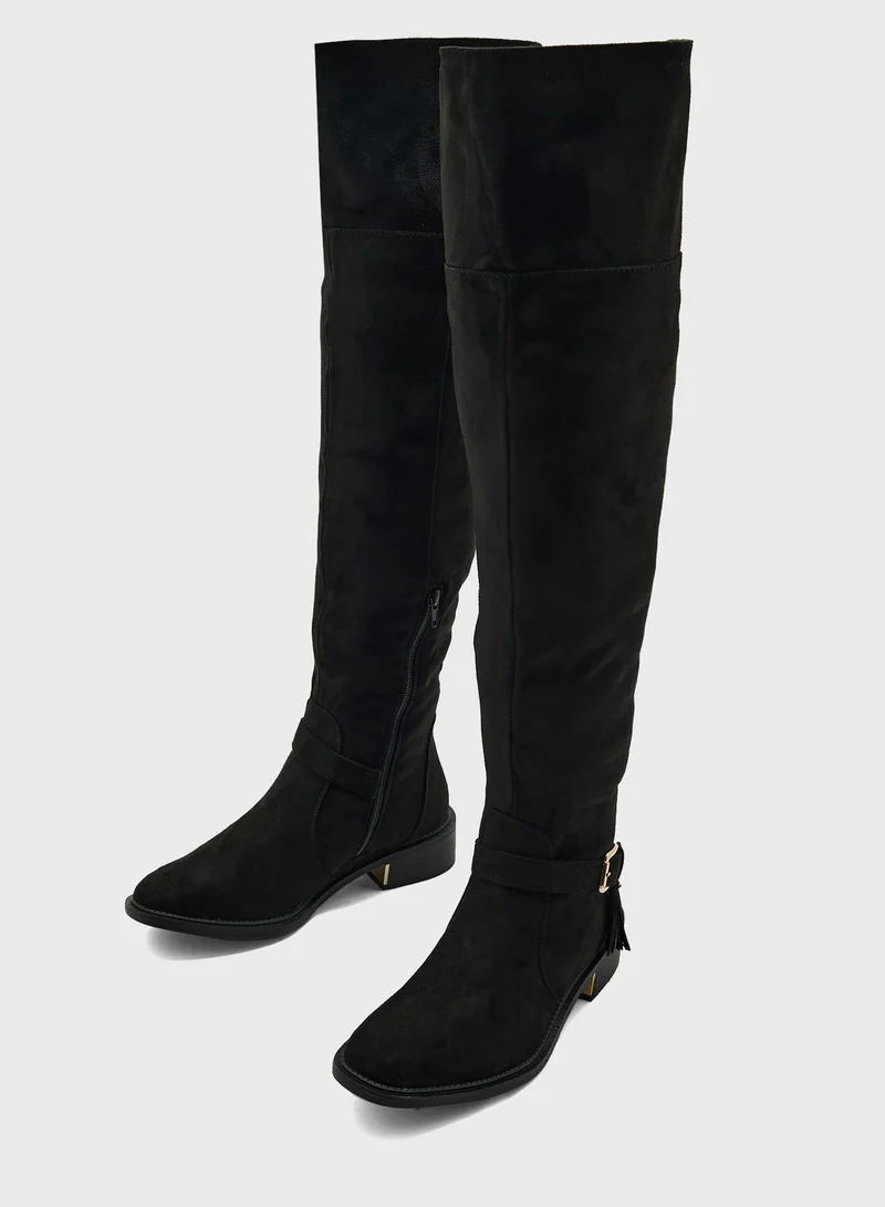 Truffle Black Faux Suede Buckle Down Collar Long Boots