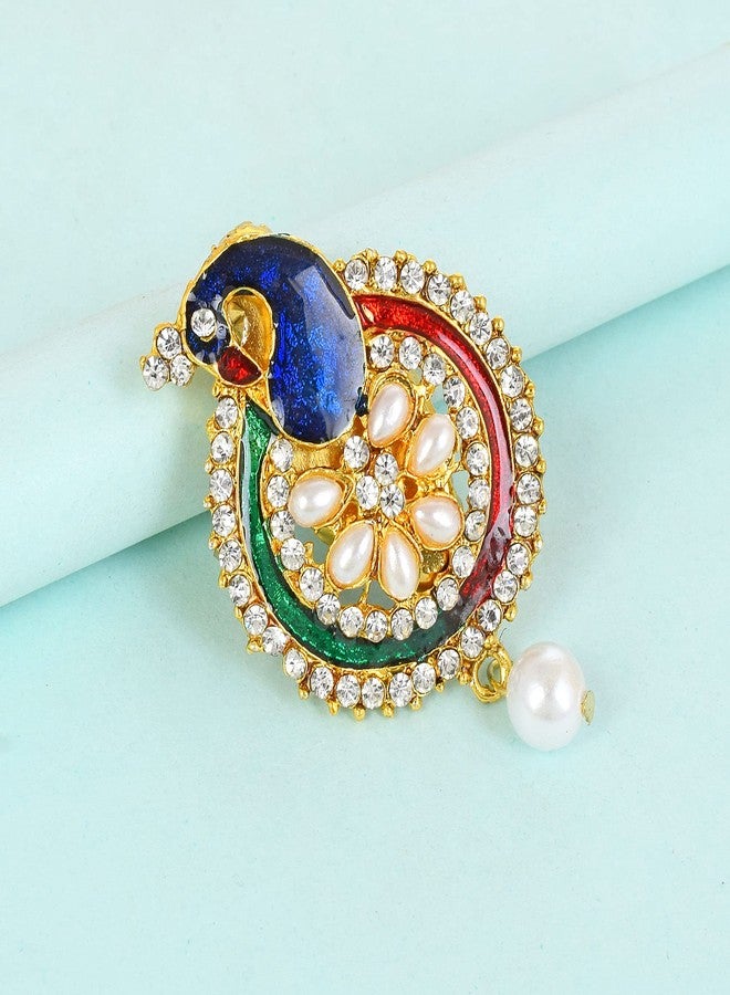 Memoir Brass Goldplated CZ & Pearls Meenakari Peacock design Fashion Sareepin Dupatta pin Brooch Men Women (SPDM3639) - Image 4