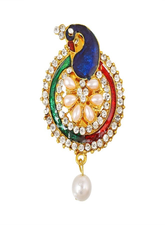 Memoir Brass Goldplated CZ & Pearls Meenakari Peacock design Fashion Sareepin Dupatta pin Brooch Men Women (SPDM3639) - Image 2