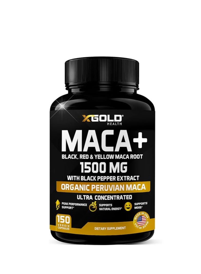 X Gold Health Organic Maca Root Powder Capsules 1500mg with Black,Red, Yellow Root 150 Capsules - Image 1