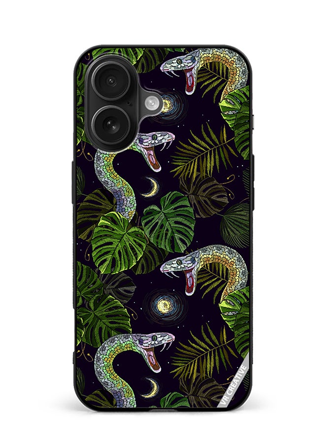Protective Case Cover For Apple iPhone 16 Plus Embroidery Snakes, Night Sky And Tropical Palm Leaves Design Multicolour
