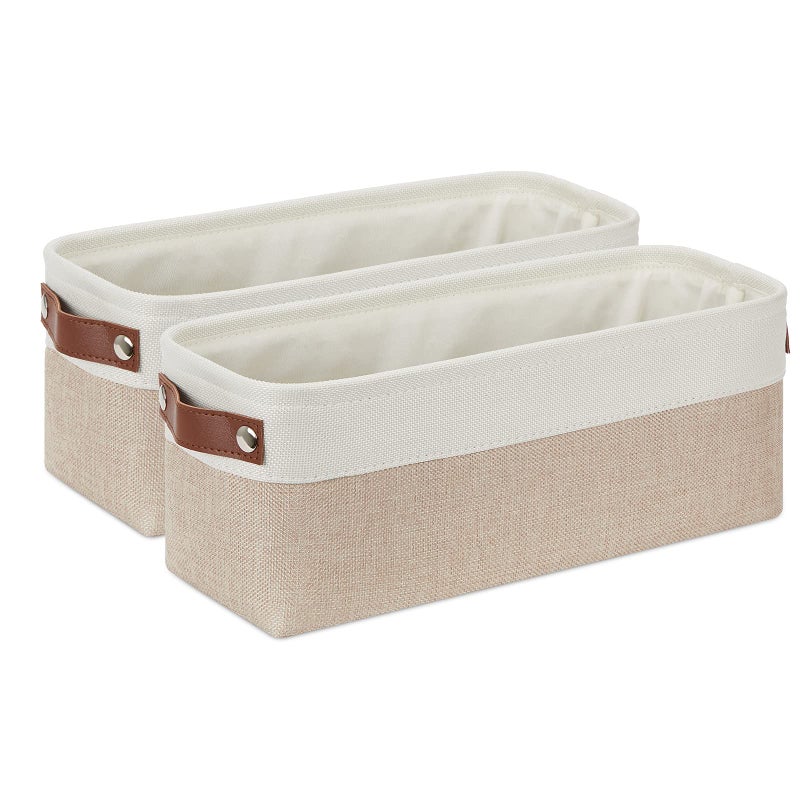 DULLEMELO 2-Pack Bathroom Baskets for Toilet, Small Storage Bins for Organizing Closets, Cabinets, Shelves, Canvas Fabric Storage Basket Bins With Leather Handles for Empty Gift Basket (White&Khaki) - Image 1