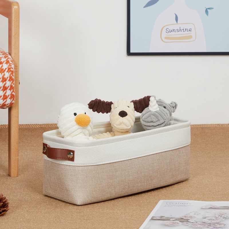 DULLEMELO 2-Pack Bathroom Baskets for Toilet, Small Storage Bins for Organizing Closets, Cabinets, Shelves, Canvas Fabric Storage Basket Bins With Leather Handles for Empty Gift Basket (White&Khaki) - Image 2