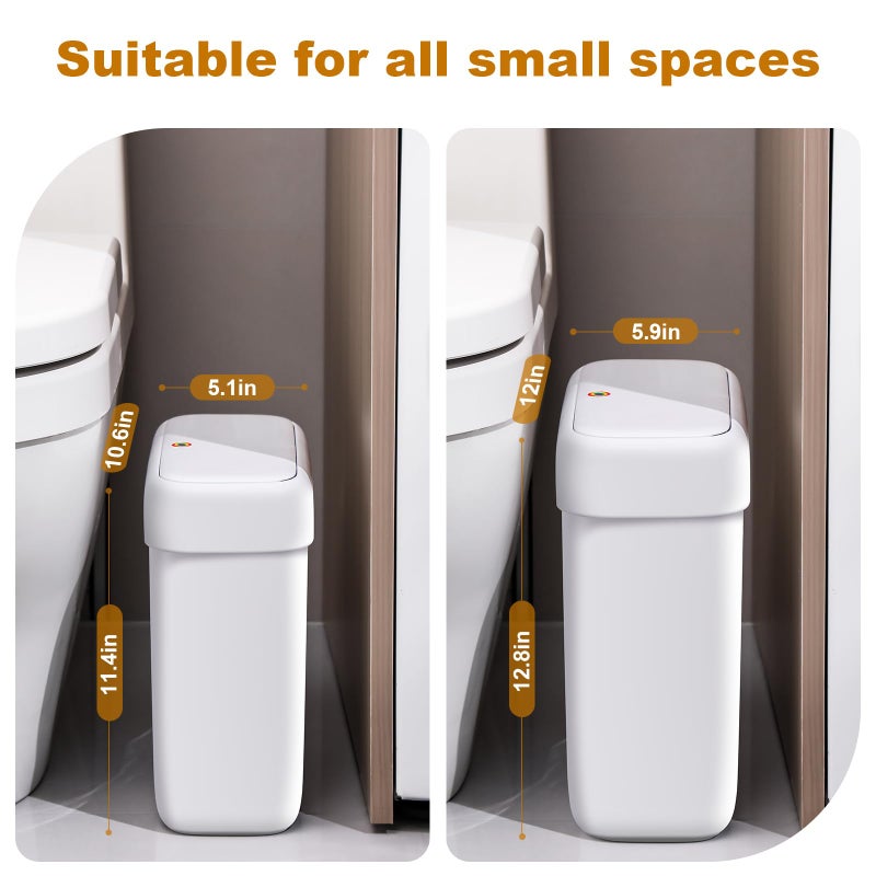 JOYBOS 2 Pack Bathroom Trash Can with Lid, 3 Gal/12 L & 2.7 Gal/10L Garbage Can with Pop-Up Lid,Small Spaces Plastic Trash Can, Slim Trash Bin Waste Basket for Bathroom,Rv, Office, White - Image 2