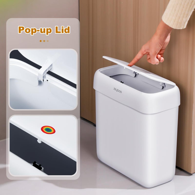 JOYBOS 2 Pack Bathroom Trash Can with Lid, 3 Gal/12 L & 2.7 Gal/10L Garbage Can with Pop-Up Lid,Small Spaces Plastic Trash Can, Slim Trash Bin Waste Basket for Bathroom,Rv, Office, White - Image 4