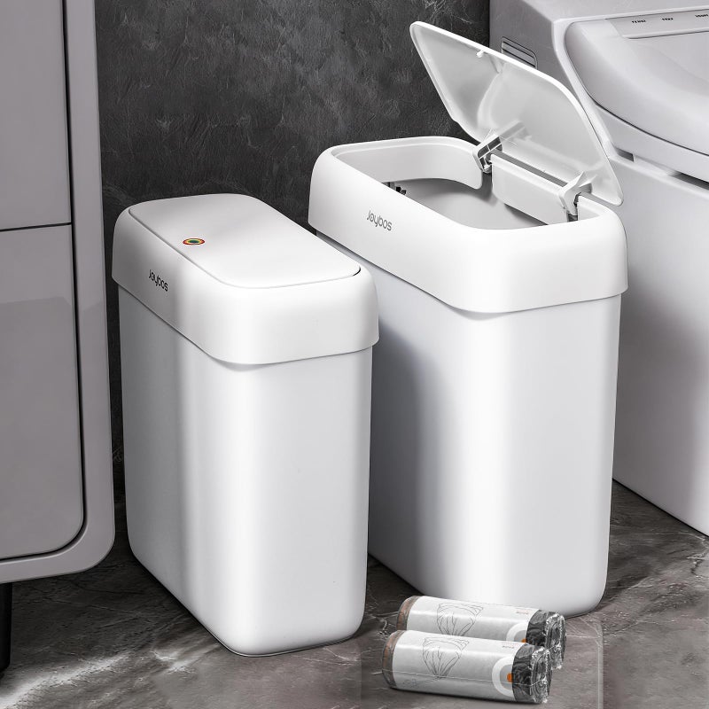 JOYBOS 2 Pack Bathroom Trash Can with Lid, 3 Gal/12 L & 2.7 Gal/10L Garbage Can with Pop-Up Lid,Small Spaces Plastic Trash Can, Slim Trash Bin Waste Basket for Bathroom,Rv, Office, White - Image 1