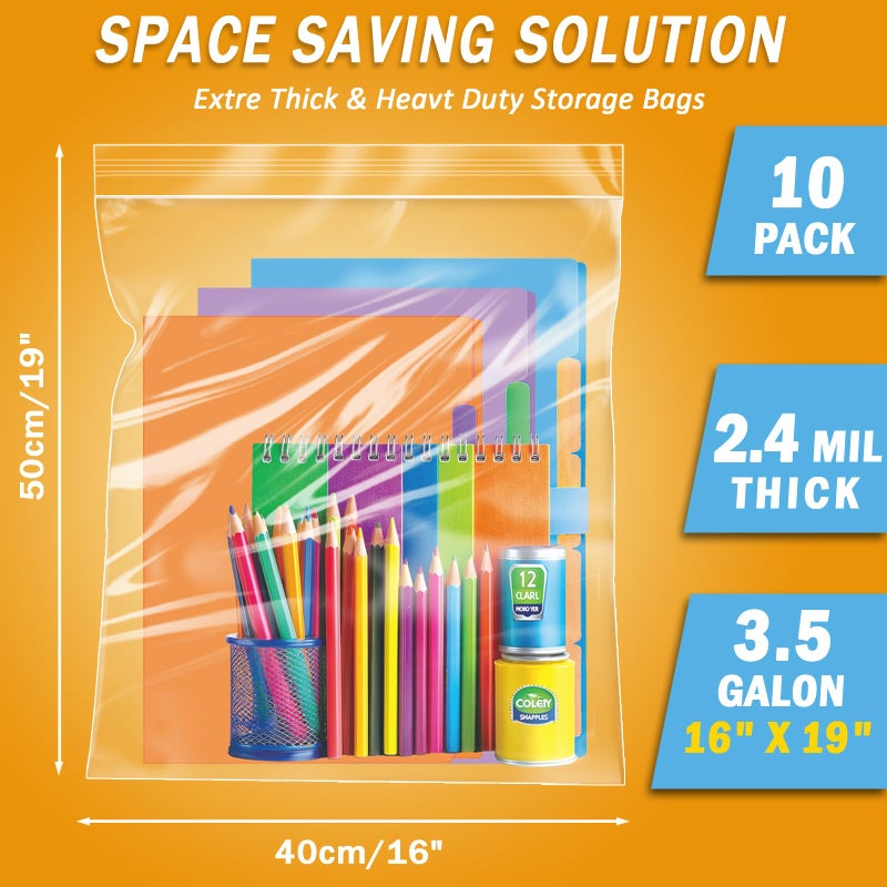 Damaisely 10Pack Extra Large Plastic Storage Bags, Zipper Seal, 2.4-mil Thick, Heavy Duty, 3 Gallon 16" x 19", Jumbo Zippered Plastic Bags for Food, Clothes, Travel, Moving - Image 2