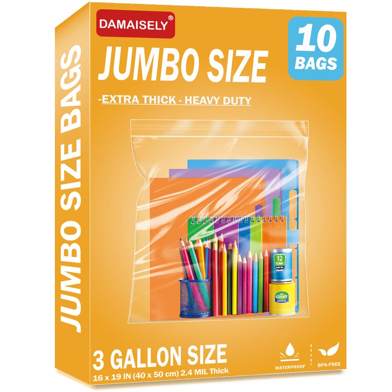 Damaisely 10Pack Extra Large Plastic Storage Bags, Zipper Seal, 2.4-mil Thick, Heavy Duty, 3 Gallon 16" x 19", Jumbo Zippered Plastic Bags for Food, Clothes, Travel, Moving - Image 1