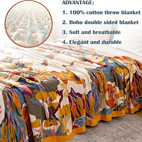 MSGKV Boho Throw Blanket for Couch 100% Cotton Throw Floral Bed Blanket 80''x90'',Cotton Quilts Travel Knitted Muslin Blanket Home Decor Cozy Blankets for Women - Image 5