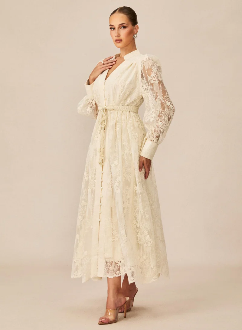 Sunfere Madeline V-Neck Lace Embroidered Midi Dress