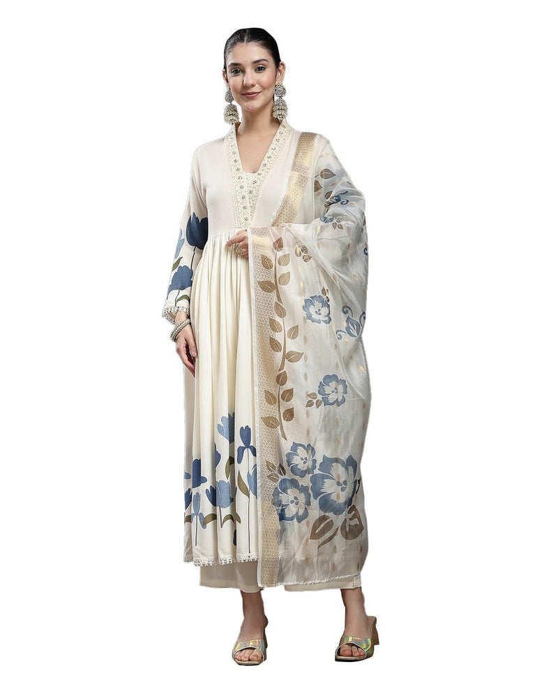 Stylum Women's Blue Floral Printed Rayon Flared Kurta Palazzo Dupatta Set - Image 1