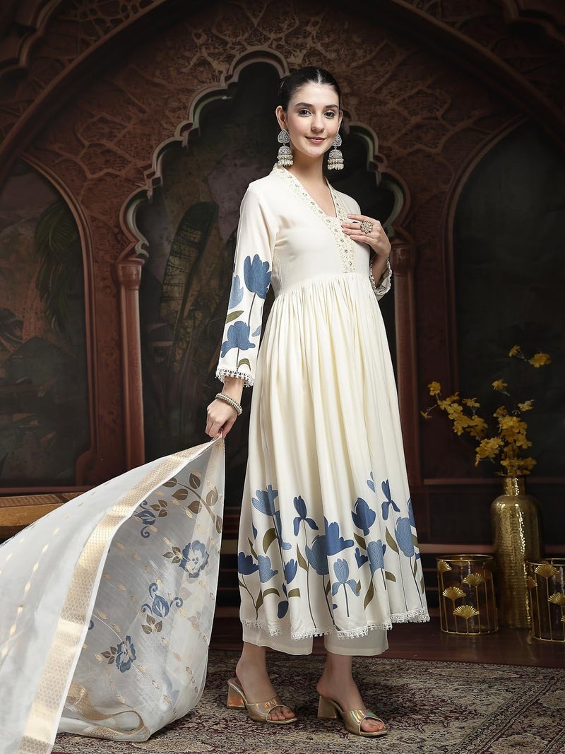 Stylum Women's Blue Floral Printed Rayon Flared Kurta Palazzo Dupatta Set - Image 3