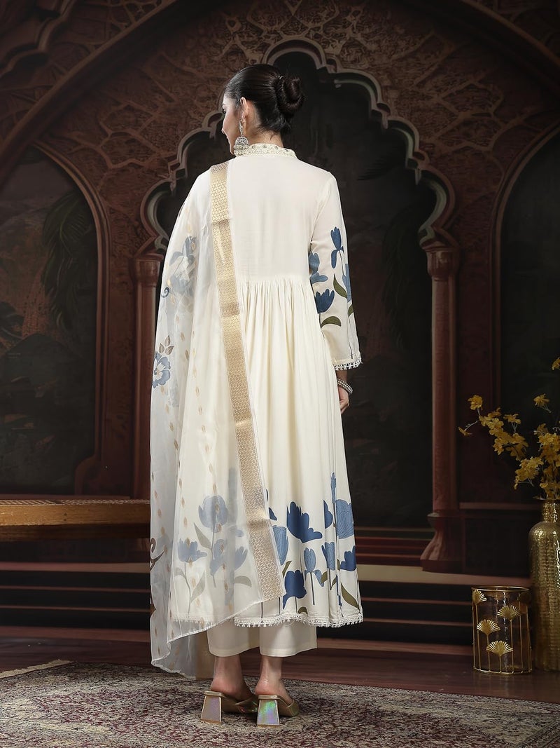 Stylum Women's Blue Floral Printed Rayon Flared Kurta Palazzo Dupatta Set - Image 2