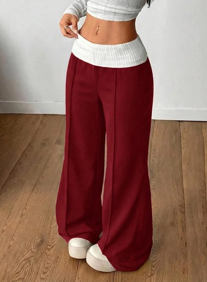 Take Two Womens Burgundy Wide-Leg Trousers With Contrast Waistband