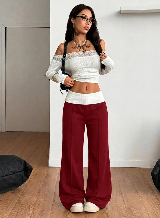 Take Two Womens Burgundy Wide-Leg Trousers With Contrast Waistband