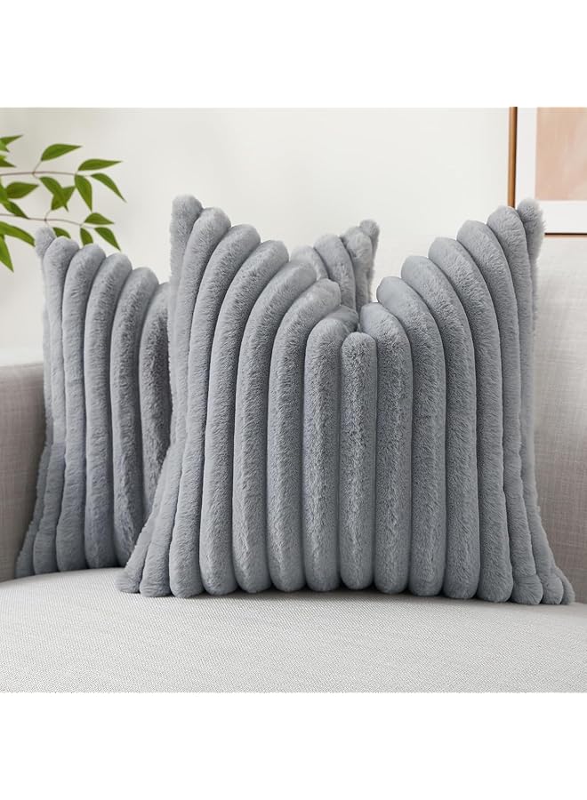 The Bros Double-Sided Faux Fur Plush Throw Pillow Covers 18x18 Set of 2 Fuzzy Striped Soft Cozy Pillowcase Luxury Decorative Pillows Square Shaggy Cushion Covers for Couch Sofa Bed (Light Grey) - Image 1