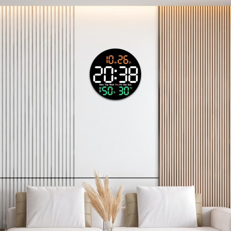SEVENSPACE Round Plastic Digital Wall Clock with Remote Control Alarm for Home Dcor Office 1224 Hours Temperature Humidity Date Week Silent Electronic Digital Wall Clock Round - Image 3