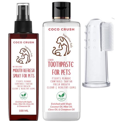 Coco Crush Natural Pet Liquid Toothpaste, 50ml; Finger Toothbrush & Mouth Refresh Spray, 50ml | Teeth Cleaning & Fresh Breath | Fights Plaque & Tartar | 100% Pure & Ingestion Safe (100ml) - Image 1