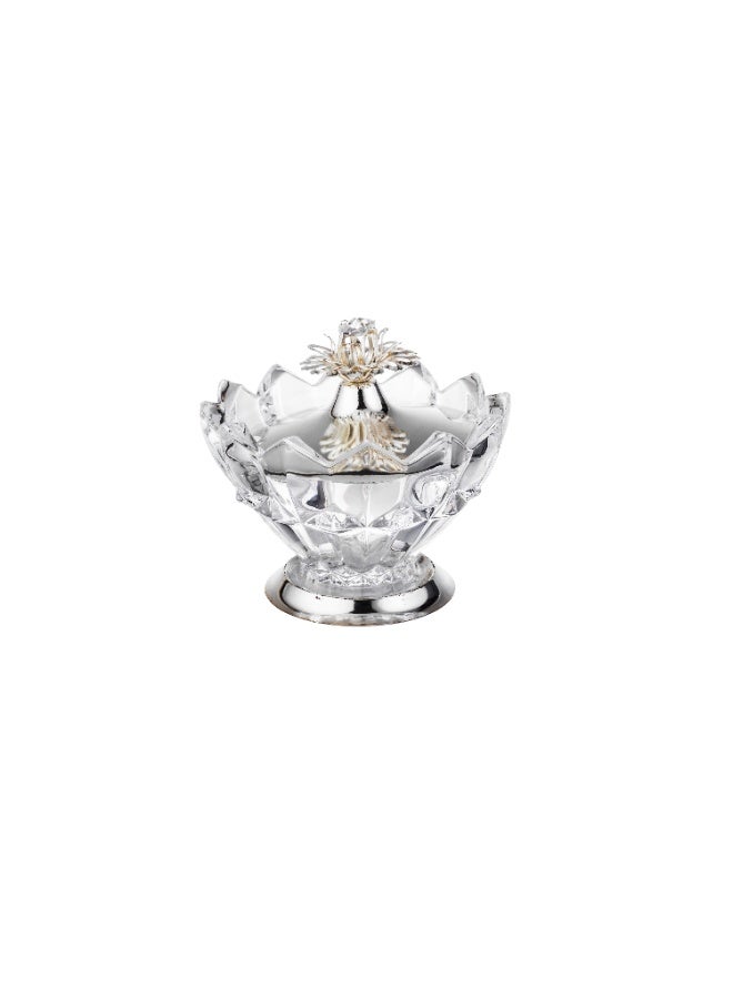 Dania Clear glass sugar bowl with lid, metal base and brooch decoration - Image 1