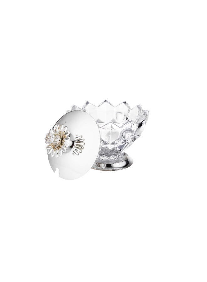 Dania Clear glass sugar bowl with lid, metal base and brooch decoration - Image 2