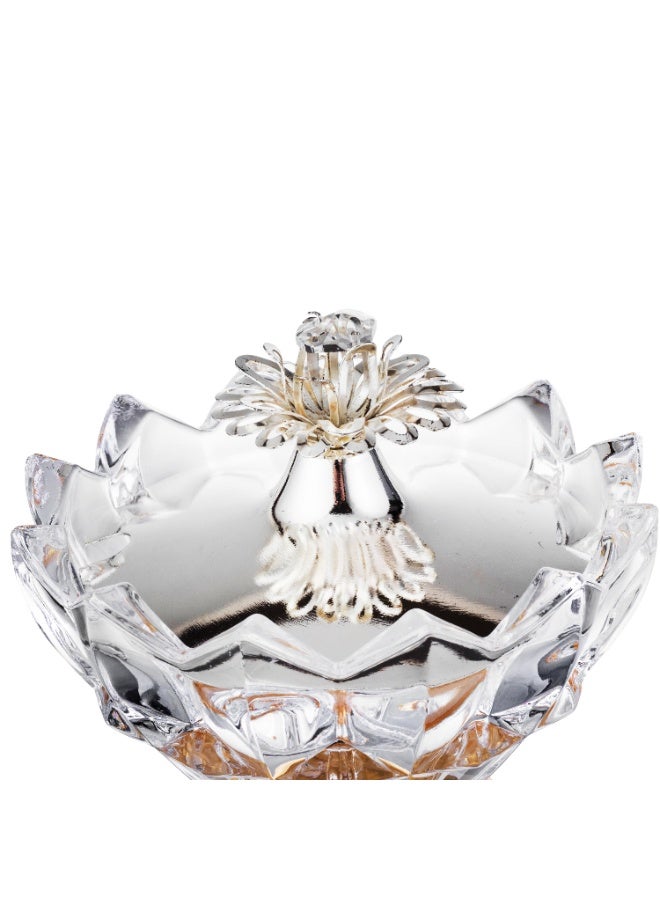 Dania Clear glass sugar bowl with lid, metal base and brooch decoration - Image 3