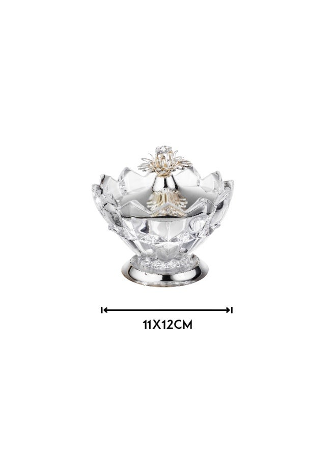 Dania Clear glass sugar bowl with lid, metal base and brooch decoration - Image 4