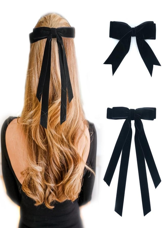 Funlovin Long Black Bows Hair Ribbon Clips for Women Girls Cute Velvet Hair Bow Clips Elegant Hair Clips with Long Tail Bowknot Hairpins Hair Barrette Hair Accessories (2pcs) - Image 1
