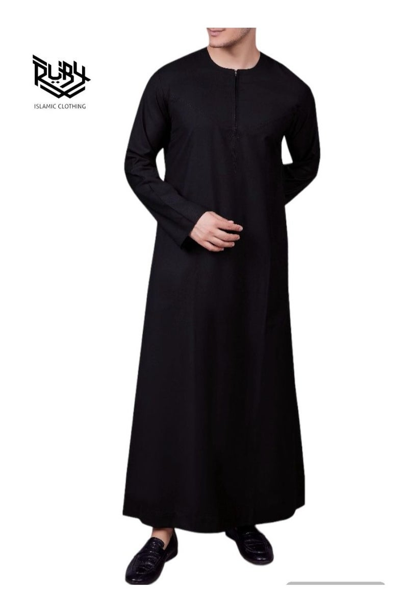 RUBY ISLAMIC CLOTHING Men’s Black Emirati Kandura with Front Zip Closure I Traditional Arabic Dishdasha for Men I Jubba IThobe - Image 1