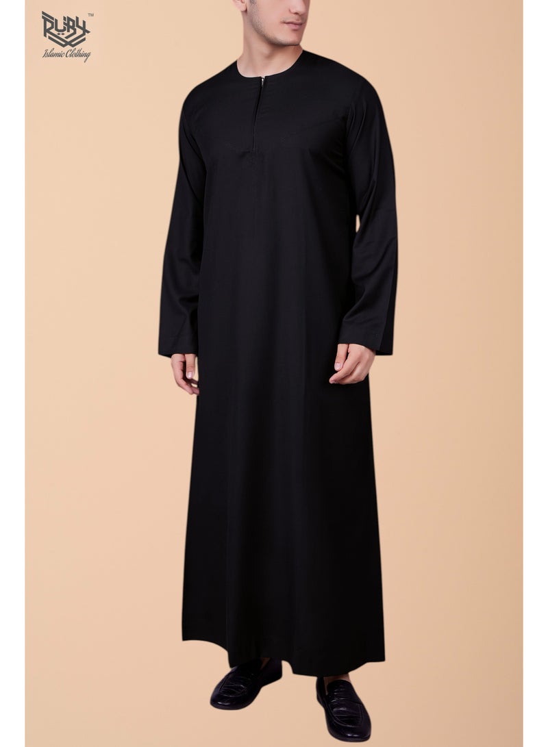 روبي للملابس الإسلامية كندورة إماراتية سوداء للرجال بسحاب أمامي | دشداشة عربية تقليدية للرجال | جبة | ثوب - Image 1