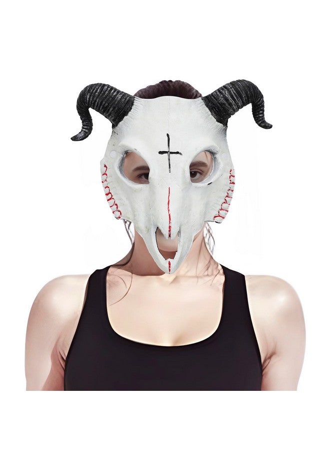 PURFUN White Goat Head Skull Mask Ram Horns Animal Skull Costume Mask Horror Demon Devil Evil Mask Cosplay Halloween Mardi Gras Full Face Mask Creepy Party Decoration Prop - Image 3