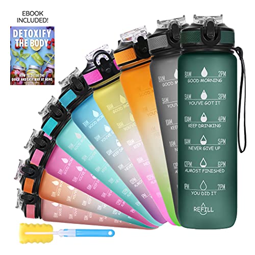 SOLARA Unbreakable Water Bottle 1 Litre with Motivational Time Marker, Leakproof Durable BPA-Free Non-Toxic Water bottle for office,Water bottle for gym | Detoxing eBook included | Hunter Green - Image 1