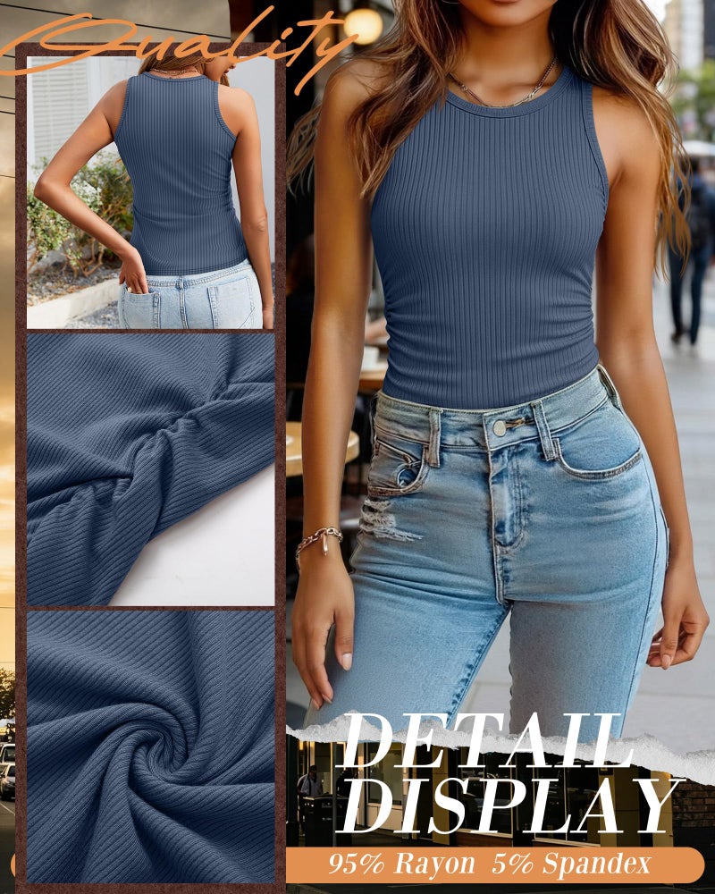 Xaatren 3 Pack Women's Sleeveless Tank Tops, Ribbed Knit Slim Fit Crew Neck Tops Side Ruched Summer Racerback Workout Shirts(Medium,Haze Blue, White, Black) - Image 4