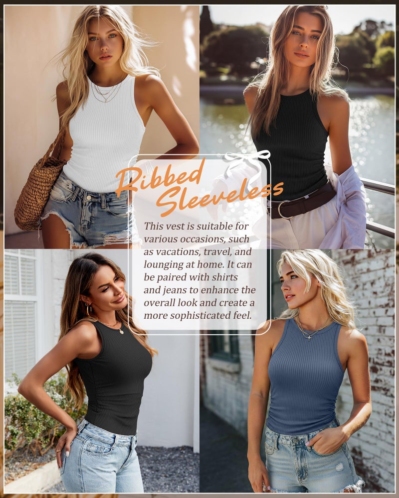 Xaatren 3 Pack Women's Sleeveless Tank Tops, Ribbed Knit Slim Fit Crew Neck Tops Side Ruched Summer Racerback Workout Shirts(Medium,Haze Blue, White, Black) - Image 5