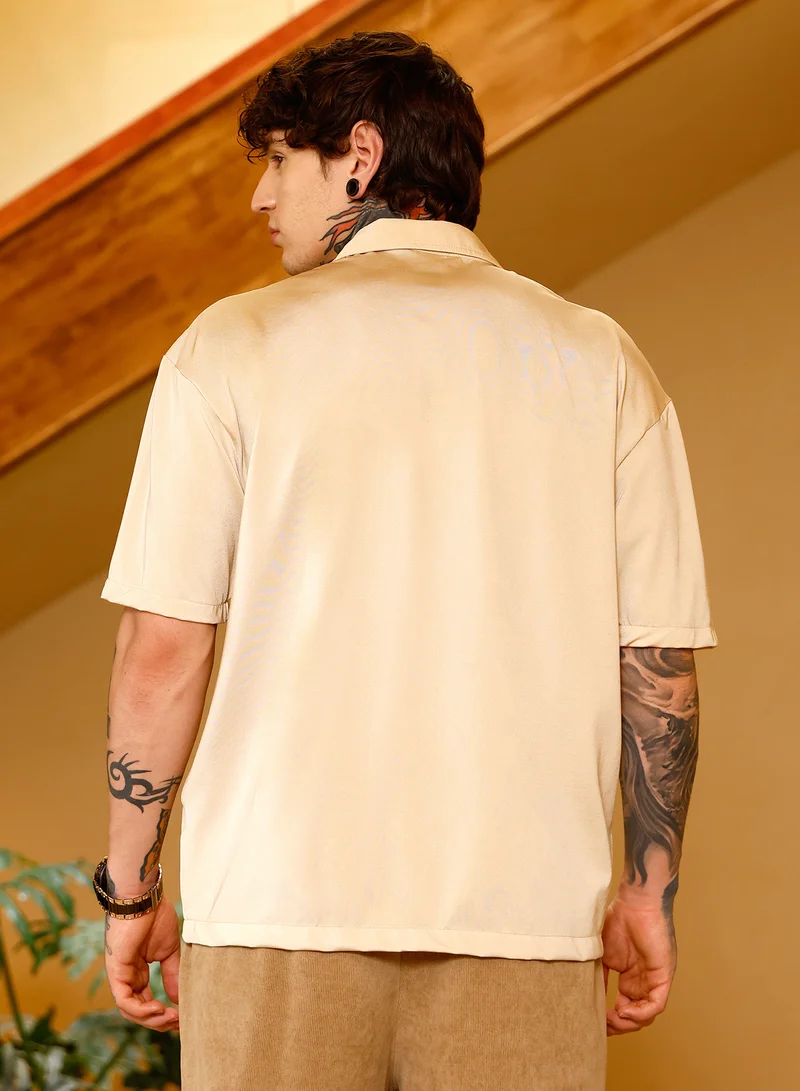 Campus Sutra Campus Sutra Men Satin Resort Oversized Shirt | Cuban Collar Short Regular Sleeves | Button Closure Straight Hem | Solid Plain | Woven Fabric For Casual & Daily Wear | Champayne Gold