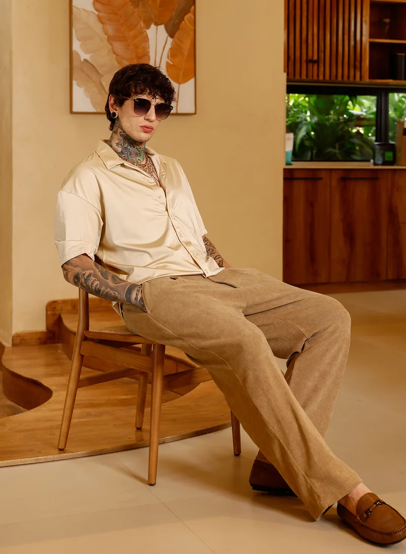 Campus Sutra Campus Sutra Men Satin Resort Oversized Shirt | Cuban Collar Short Regular Sleeves | Button Closure Straight Hem | Solid Plain | Woven Fabric For Casual & Daily Wear | Champayne Gold