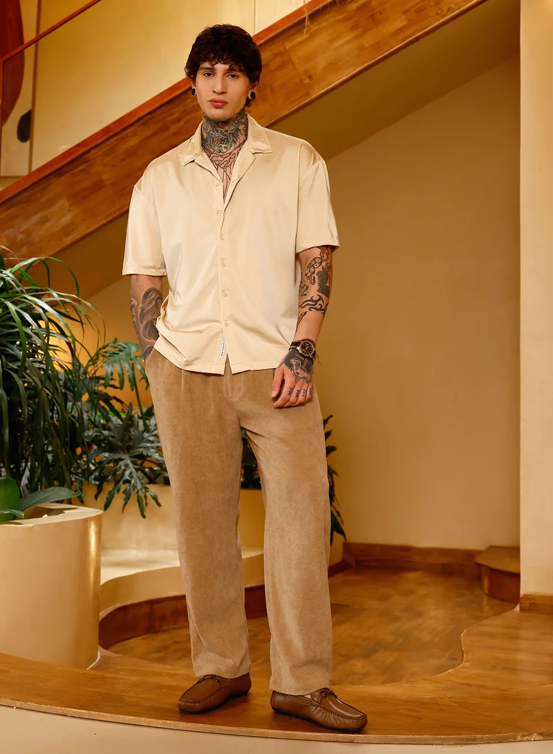 Campus Sutra Campus Sutra Men Satin Resort Oversized Shirt | Cuban Collar Short Regular Sleeves | Button Closure Straight Hem | Solid Plain | Woven Fabric For Casual & Daily Wear | Champayne Gold
