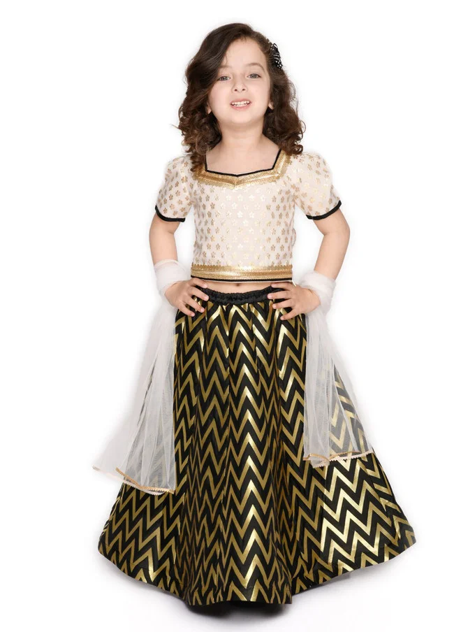 Saka Designs Girls Black & Gold-Toned Lehenga With Dupatta
