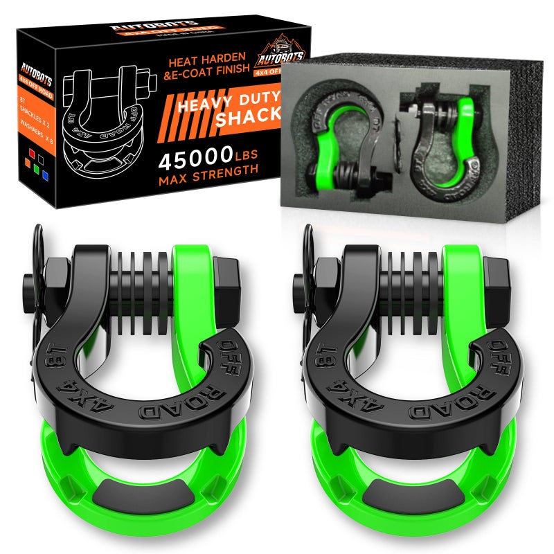 AUTOBOTS Tigertooth D Ring Shackles 45000lb Break Strength 34Shackle D Rings Heavy Duty with 78 Pin for Tow Strap Winch Offroad Vehicle Recovery Accessories Green