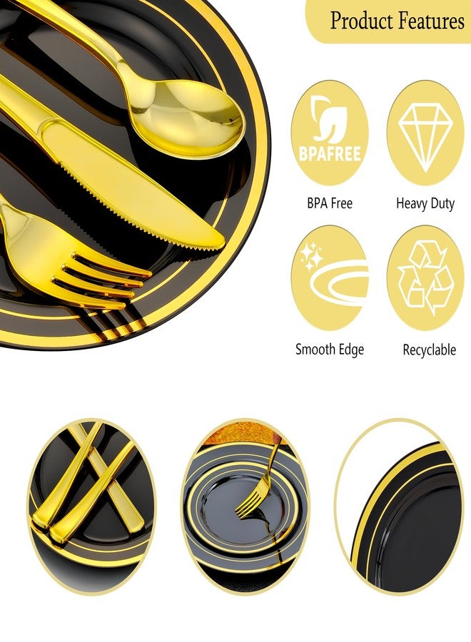 ISFANGCO 350pcs Black and Gold Dinnerware Set for 50 Guests, Black Plastic Plates with Gold Rim for Party -50 Dinne/Dessert Plates, 150 Silverware Set,50 Napkins and Cups - Image 4