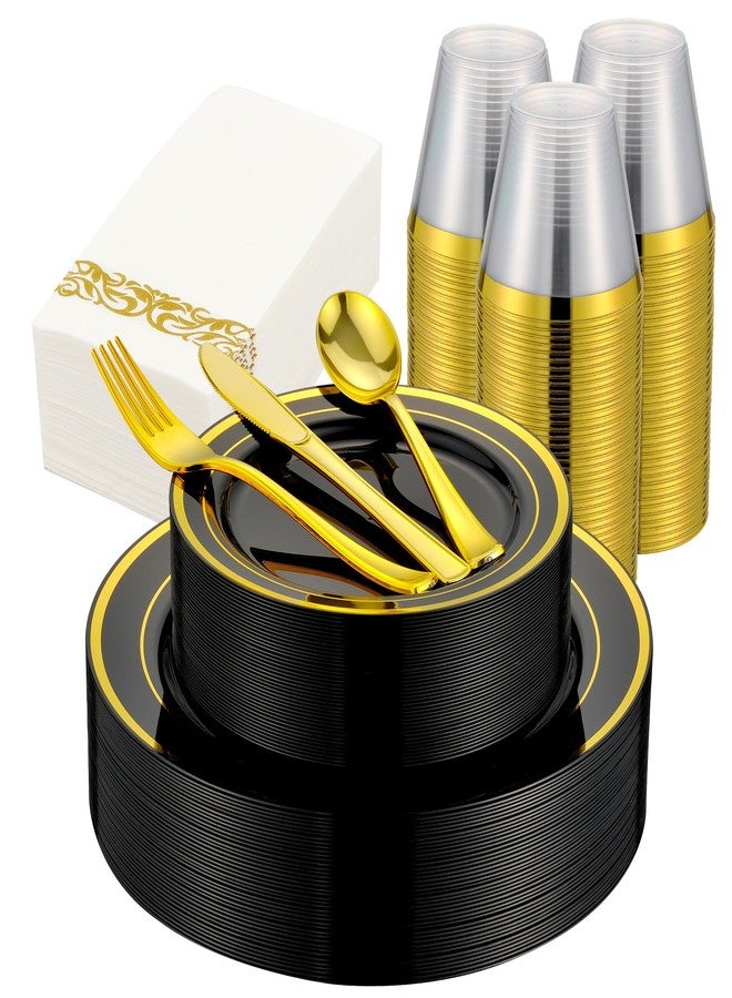 ISFANGCO 350pcs Black and Gold Dinnerware Set for 50 Guests, Black Plastic Plates with Gold Rim for Party -50 Dinne/Dessert Plates, 150 Silverware Set,50 Napkins and Cups - Image 3
