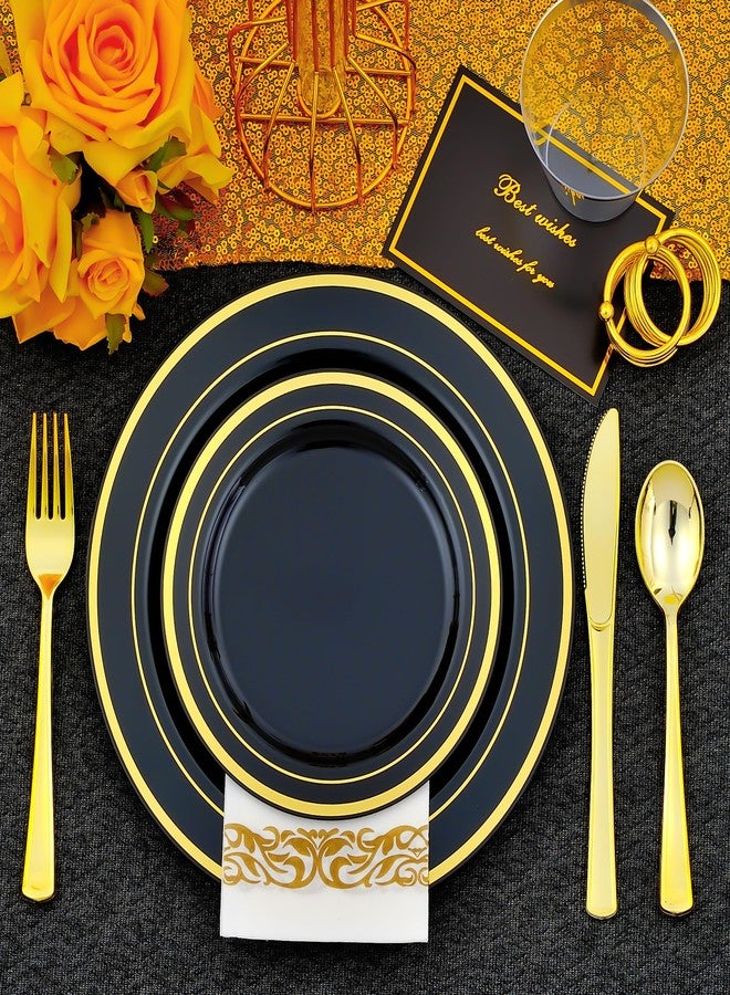 ISFANGCO 350pcs Black and Gold Dinnerware Set for 50 Guests, Black Plastic Plates with Gold Rim for Party -50 Dinne/Dessert Plates, 150 Silverware Set,50 Napkins and Cups - Image 5