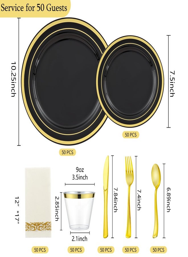 ISFANGCO 350pcs Black and Gold Dinnerware Set for 50 Guests, Black Plastic Plates with Gold Rim for Party -50 Dinne/Dessert Plates, 150 Silverware Set,50 Napkins and Cups - Image 2