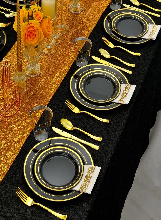 ISFANGCO 350pcs Black and Gold Dinnerware Set for 50 Guests, Black Plastic Plates with Gold Rim for Party -50 Dinne/Dessert Plates, 150 Silverware Set,50 Napkins and Cups - Image 1