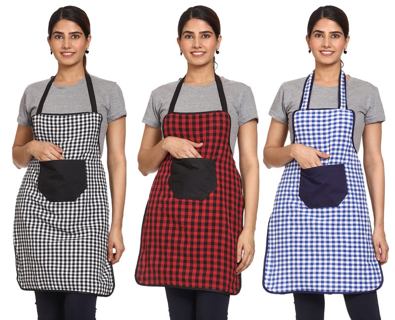JMi 100% Cotton Check Fabric Waterproof with Long Ties and multipurpose Front large Embroidered pocket For Cooking Dusting Home Kitchen Restaurant for Men & Women Unisex Apron. Pack of 3 (MULTI - 13) - Image 1