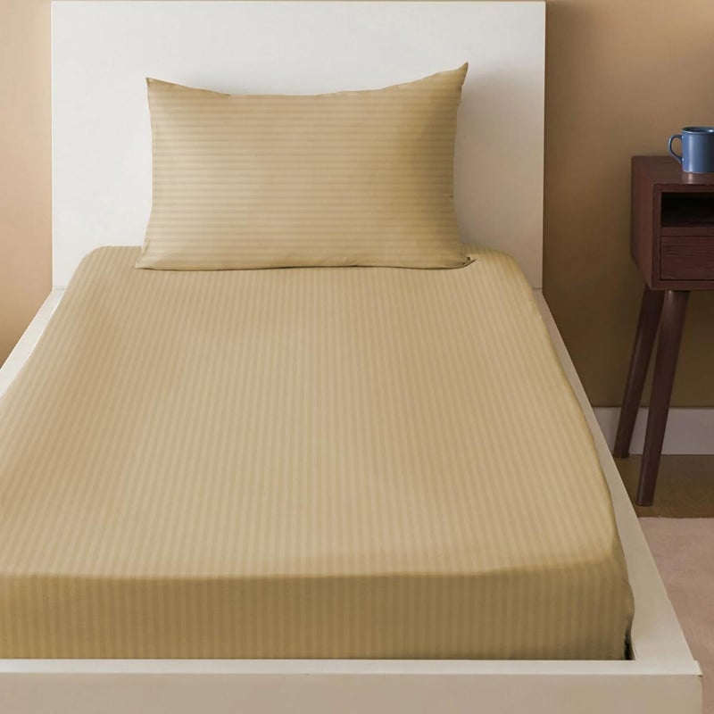 sleep well Microfiber Stripe Fitted Sheet with Pillowcase Set - 90x200+17cm (Beige) - Image 1