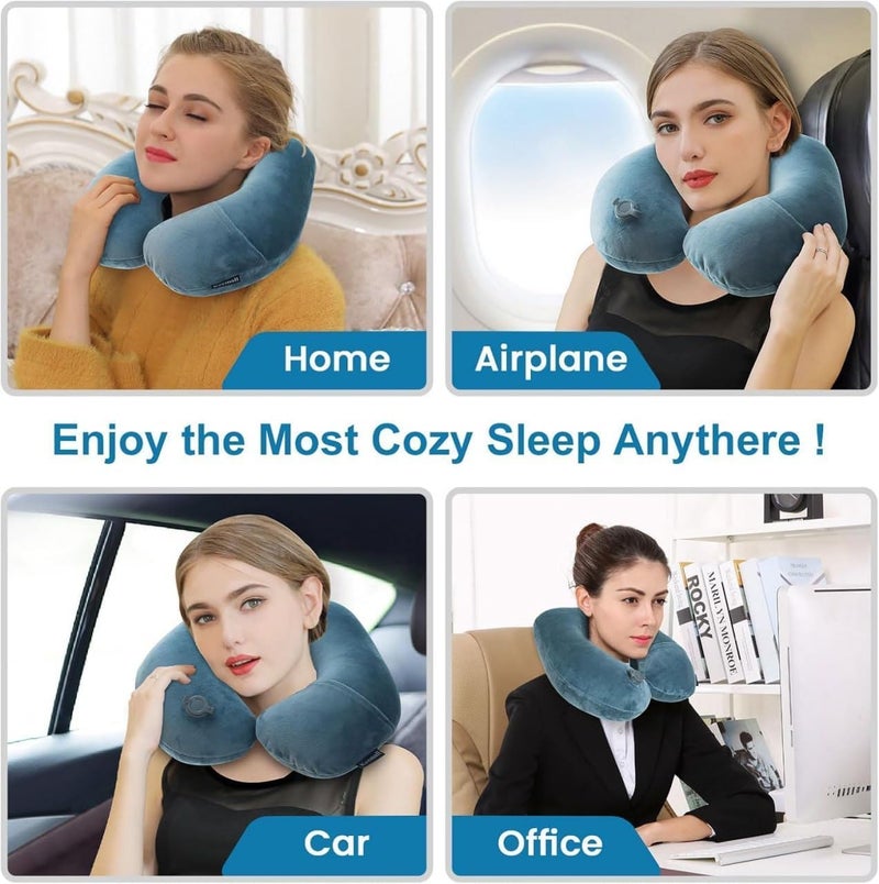 Inflatable Velvet Neck Support Pillow with Built-In Press Pump, Ergonomic U-Shaped Travel Cushion for Airplane, Car, Office Sitting, Portable Design with Washable Cover and Storage Pouch - Image 3