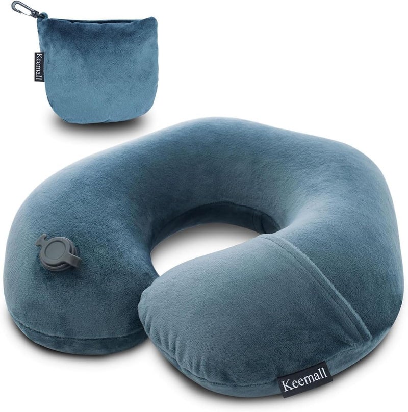 Inflatable Velvet Neck Support Pillow with Built-In Press Pump, Ergonomic U-Shaped Travel Cushion for Airplane, Car, Office Sitting, Portable Design with Washable Cover and Storage Pouch - Image 1