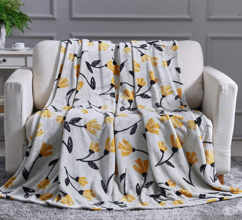 DaDa Bedding Floral Fleece Throw Blanket  Soft Faux Mink Flannel with Yellow Orange Tulips on Grey  Cozy  Elegant Home Decor  63 x 90