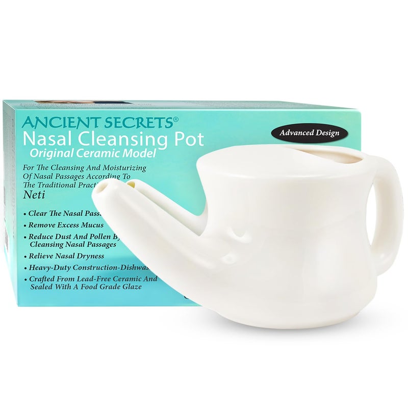 ANCIENT SECRETS Neti Pot Sinus Rinse + Pre-Measured Cleansing Salt Pack â€“ Dishwasher-Safe Ceramic Model, Patented Ergonomic No-Leak Design, Nasal Cleansing Pot, Nasal Irrigation - Image 1