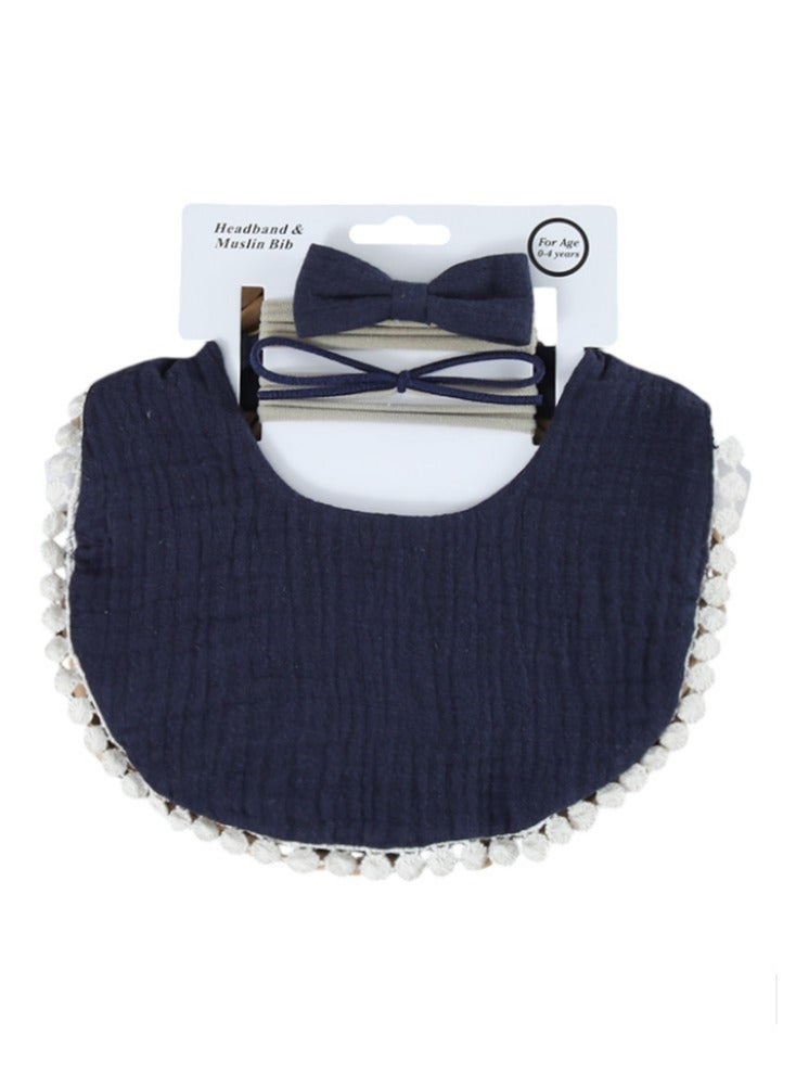 Bambimici -Sophia Set Of Baby Bib And Ribbon Headband Navy Blue - Image 2